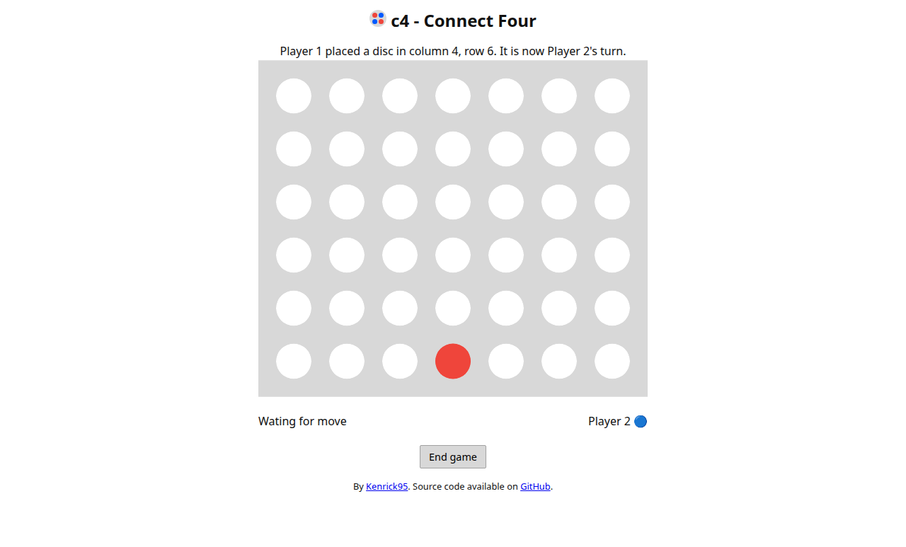 C4 Connect Four board with a red disc in the fourth column